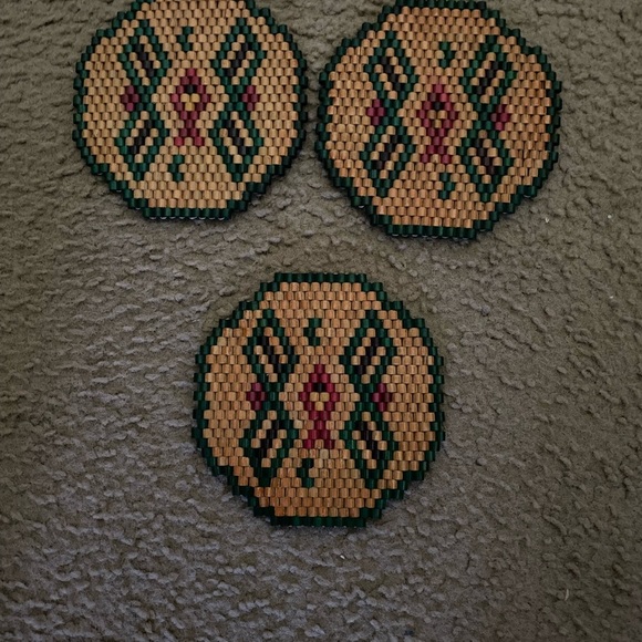Vintage Set Of 3 Wooden Beaded Geometric Patterned Trivets For Hot Cookware 6in - Picture 6 of 8